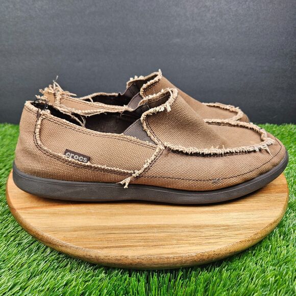 CROCS Santa Cruz Shoes Mens 11 Brown Slip On Canvas Loafer Slippers Casual - Picture 1 of 15